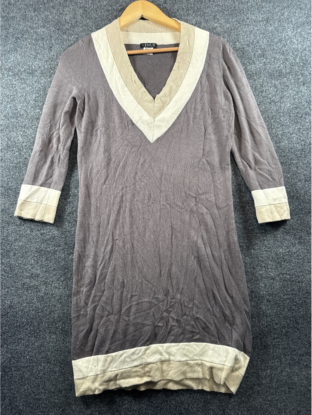 Venus Tunic Sweater Womens M Brown Cream V Neck 3/4 Sleeve Colorblock